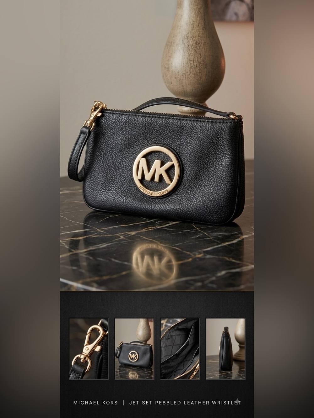 Michael Kors Black Pebbled Leather Wristlet  Gold MK Medallion Evening Career